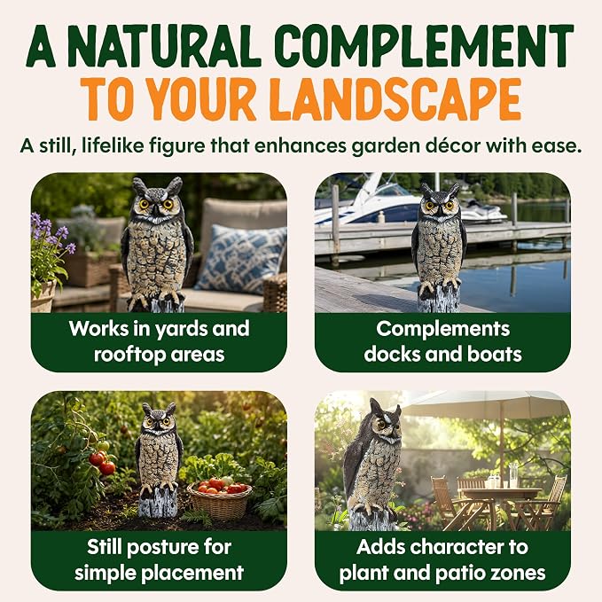 Dalen Lifelike Great Horned Owl Decoy Bird Repellent - 16in Hand-Painted Scarecrow for Gardens & Rooftops, Owl Bird Deterrent, Fixed-Head Design, Fill Base with Sand/Gravel Only - Multicolor
