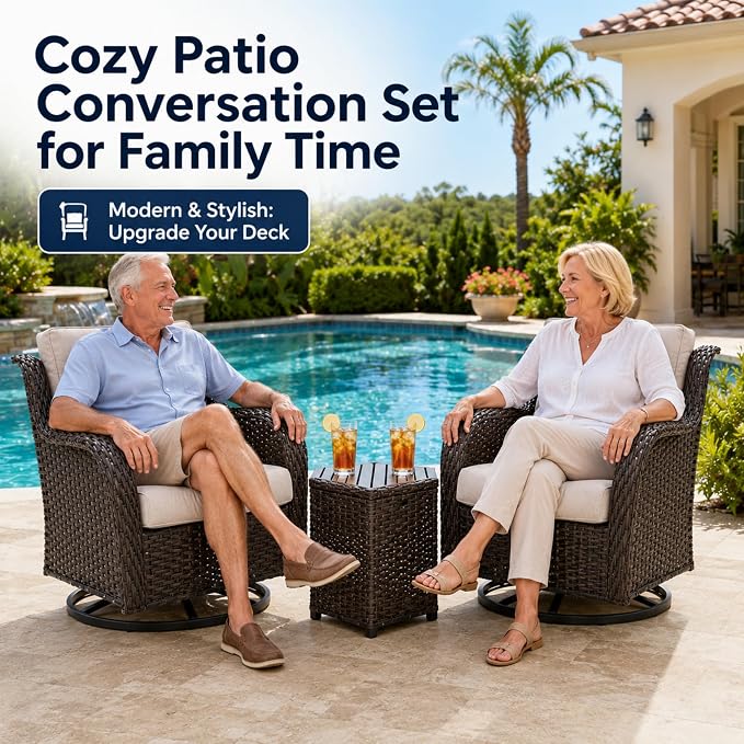 HUMMUH Outdoor Swivel Rocker Wicker Patio Chairs High Back PE Rattan Glider Chairs 4PCS Patio Furniture Set(Brown,Beige)