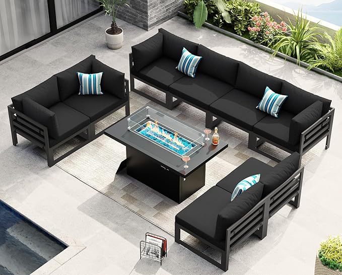 NICESOUL 9 Piece Modern Aluminum Outdoor Patio Furniture Set with Fire Pit Table Propane/Gas, 29" Wide Deep Seat, No Rust Extra Large Sectional Sofa, 500 lbs Heavy Duty Garden Conversation Set, Black