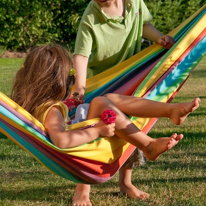 LA SIESTA Iri Kids Hammock for Indoor & Outdoor Play, Easy-to-Clean Materials, Super Soft Cotton, Ages 3-10, Max 175 Lbs, Rainbow