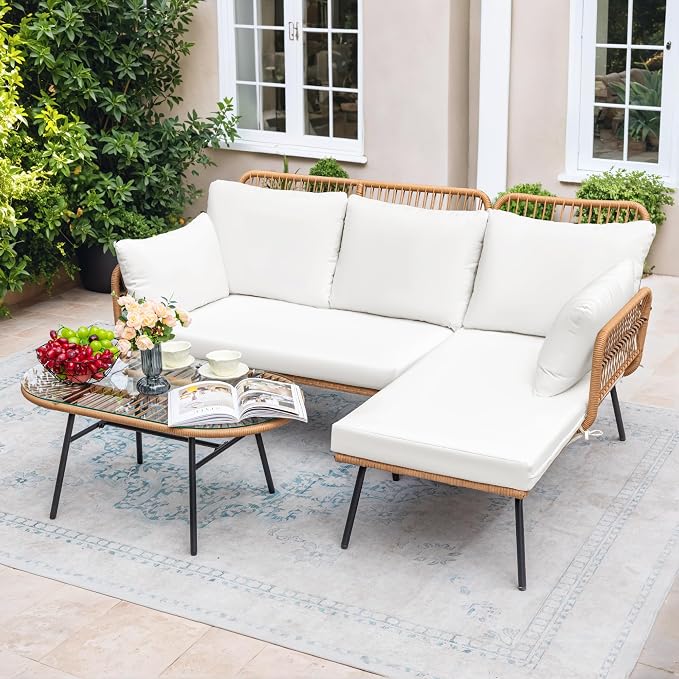 Greesum Outdoor Rope Woven Patio Furniture L-Shaped Conversation Sectional Sofa Set Detachable Lounger for Backyard Porch with Thick Cushions & Long Table, White