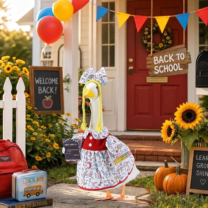 Back to School Porch Goose Outfits for 23 Inch Statue, First Day of School Costume for Cement Statue, Duck Sculpture Clothes for Classroom Patio Decoration