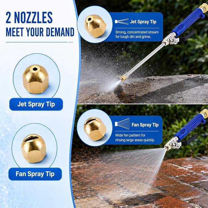 High Pressure Power Washer Wand, 2‑in‑1 Metal Water Jet Nozzle with 2 Spray Tips & Quick Connectors, Heavy Duty Hose Sprayer for Car Patio Deck Outdoor Cleaning