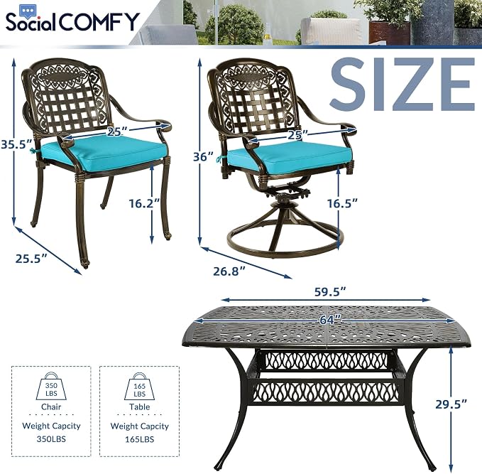 SOCIALCOMF 9-Piece Patio Cast Aluminum Dining Set, Outdoor Table and Chairs Set for 8, Includes 64" Large Square Dining Table, 6 Stationary, 2 Swivel Dining Chairs with Umbrella Hole, Ocean Blue