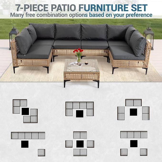 7 PCs Outdoor Patio Furniture All Weather Wicker Rattan Sectional Conversation Sofa Set w/Water Resistant Cushions, Coffee Table for Paito, Lawn, Garden, Grey