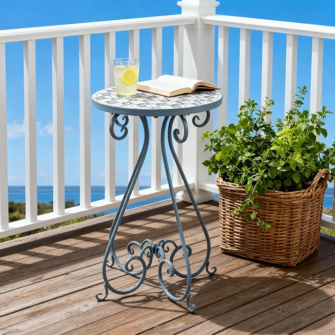 Vintage Outdoor Side Table Round Mosaic Ceramic Tile Top 14" Diameter Metal Plant Stand for Flower Pots Vase Garden Home Porch Pool Indoor Decor Weather Resistant Outside Patio Accent End Furniture