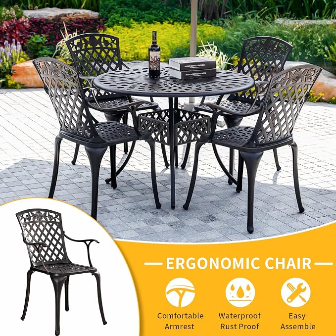 42" Round Patio Table and Chair Set of 4 Cast Aluminum Patio Table with 1.97" Umbrella Hole,All Weather 5 Piece Patio Dining Set Outdoor Patio Bistro Set for Garden,Patio(Bronze)