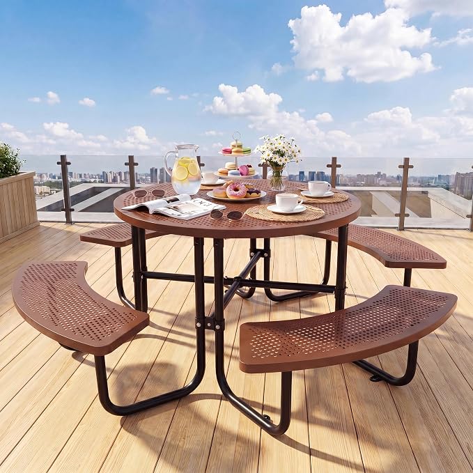 46" Outdoor Round Perforated Picnic Table Metal Camping Table with Umbrella Hole - Heavy Duty Steel Mesh Picnic Bench Set for Backyard Garden Deck, Brown