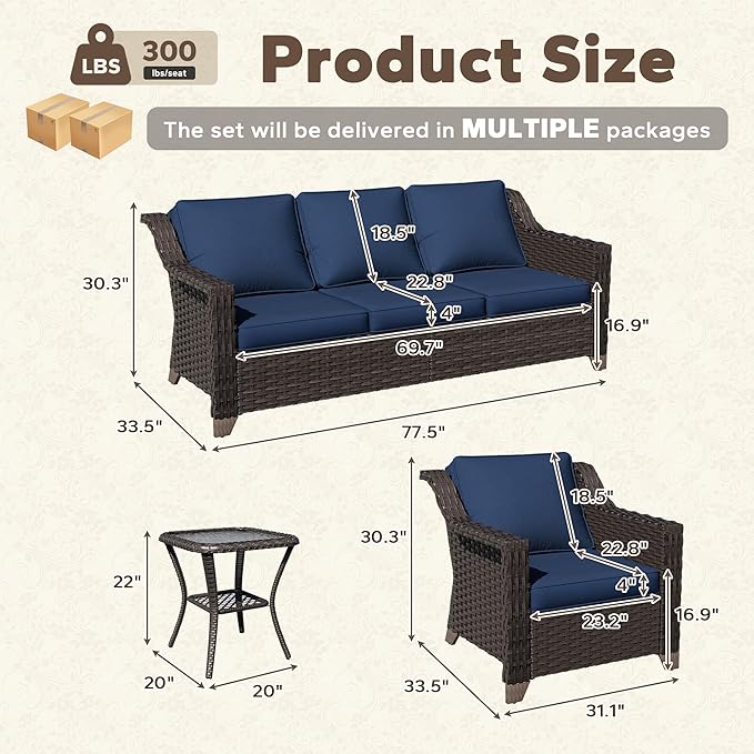 4 Pieces Patio Conversation Furniture Set - 1 Sofa, 2 Armchairs, 1 Side Table, Outdoor Wicker Furniture with Removable Cushions for Porch, Balcony, Sunroom (Blue)