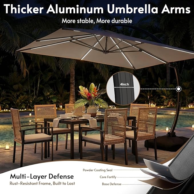 11x11FT Solar Powered LED Light Cantilever Patio Umbrella with Base Included, Large Cantilever Umbrella with 360°Rotation, Heavy-Duty Offset Outdoor Umbrella for Patio,Pool,Backyard (Champagne)