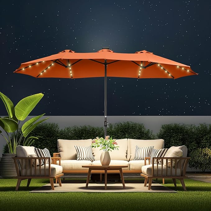 HOMSHADE Double Sided Patio Umbrellas - 13ft Solar Lights LED Lighted Outdoor Extra Large Market Table Umbrella with Base Included, Oversized Umbrella for Deck, Pool, Backyard