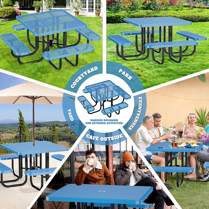 46IN Square Outdoor Picnic Table with Attached Seats, Heavy-Duty Metal Expanded Mesh Patio Table, 1600LBS Load Capacity Commercial-Grade Table for Park, Backyard, Deck, Blue