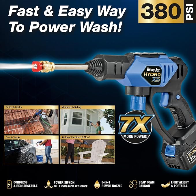 Turbo Jet® HydroX5TM Pro+ Cordless Pressure Washer – 380 PSI | 21V 5000mAh Battery | Dual Water Source | Portable Pressure Washer for Cars, Patios, Bikes & More