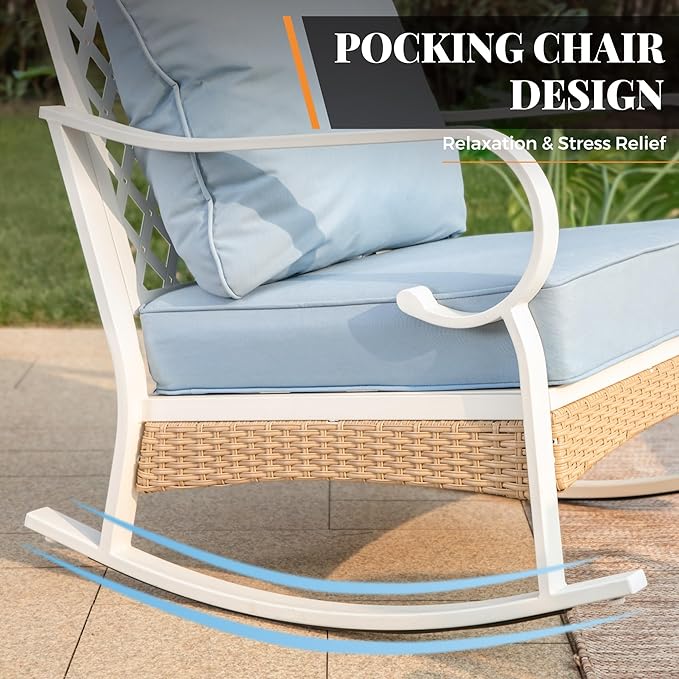 6 Piece Patio Furniture Set, 2 x Fixed Chair, 2 x Rocking Chair, 1 x 3-Seat Sofa with Marbling Coffee Table, All Cushioned 7 Seats Outdoor Conversation Set for Lawn Garden Backyard, Blue