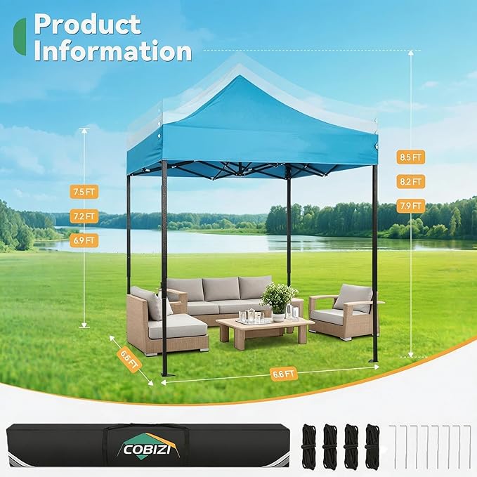 COBIZI 6.6x6.6 Pop up Canopy Tent Heavy Duty Without Sidewalls, Easy Set-up Commercial Outdoor Party Tent, 100% Waterproof Wedding TGazebo, 3 Height Adjustable with Carry Bag, Blue
