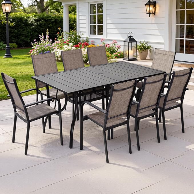 63"x38" Black Patio Outdoor Dining Table, Metal Rectangle Patio Dining Table with Adjustable Umbrella Hole for Garden, Partitioned Storage Shelf, Backyard and Porch, Black