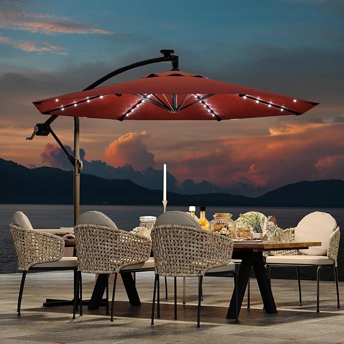 10FT Cantilever Patio Umbrella with Solar LED Lights - Heavy Duty 2-Tier Square Aluminum Offset Outdoor Umbrella, 360° Rotation for Poolside, Backyard, Deck Outdoor Use, Tan