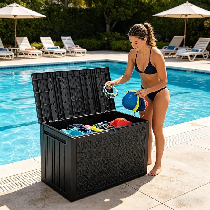 90 Gallon Large Outdoor Storage Box, Indoor and Outside Deck Box with Lockable Design Lids, Waterproof Resin Storage Containers Bin for Garden, Garage, Patio, Poolside, Toy Storage Black