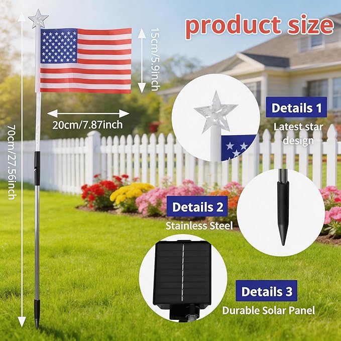 4th of July Decorations Outdoor, 8 Piece Flag Light Set with Timer, Red White and Blue Solar Pathway Lights, American Flag Yard Garden Lights IP65 Waterproof(8-Piece Flag Light Set)