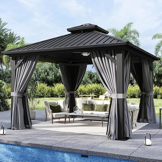 Aoxun 12'x12' Hardtop Gazebo, Metal Frame Canopy with Double Galvanized Steel Roof, Outdoor Metal Pavilion with Netting, Curtains for Backyard, Patio and Deck