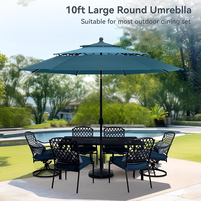 PHI VILLA 10ft Outdoor Patio Umbrella for Outside, 3 Tier Vented Round Market Table Umbrella Windproof for Backyard, Deck, Garden, Cyan & Green (No Base)