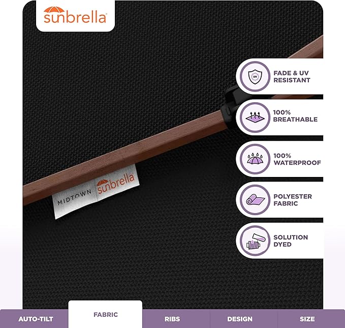 Midtown Umbrellas Wooden 2-8 Ft Patio Umbrella with 360° Swivel & Tilt Mechanism, 8 Fiberglass Ribs & Sunbrella Fabric - Outdoor Umbrella for Deck, Pool & Garden - Burgundy Canopy, Wooden Pole