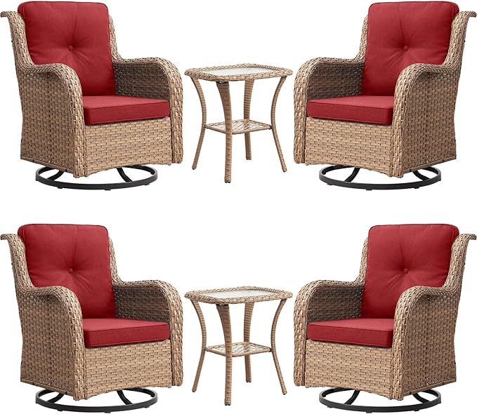 Rilyson Patio Chairs Wicker Outdoor Chair - 6 Piece Rattan Patio Swivel Rocking Chairs Set with Glass Top Side Table for Porch Deck Backyard(Yellow/Red)