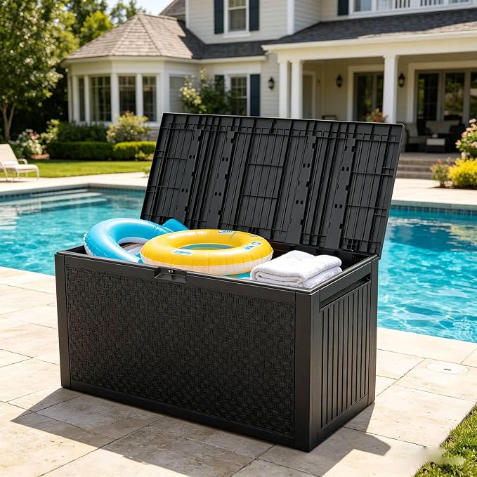 90 Gallon Large Outdoor Storage Box, Indoor and Outside Deck Box with Lockable Design Lids, Waterproof Resin Storage Containers Bin for Garden, Garage, Patio, Poolside, Toy Storage Black