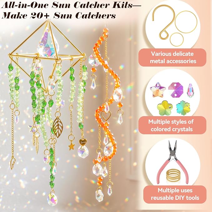 730PCS DIY Suncatcher Kit for Adults – 3D Spiral Suncatcher with Colorful AB Beads & Pendants, Rainbow Maker for Window Hanging Indoor/Outdoor Home Decor