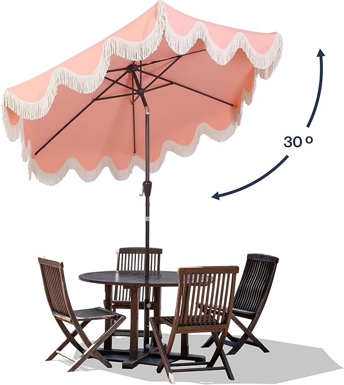 JONATHAN Y UMB1001 Collins 9 ft. Classic Cottage Tassel Market Patio Umbrella with Auto-Tilt, Crank, Wind Vent and UV Protection