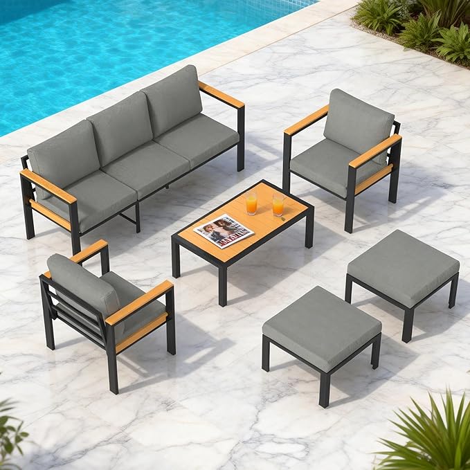 HOMREST Aluminum Patio Furniture Set with Coffee Table, 7 Seat Oversized Outdoor Sectional with Washable Thick Cushions, Patio Conversation Set with Special Wide Armrest and Deep Seat, Gray