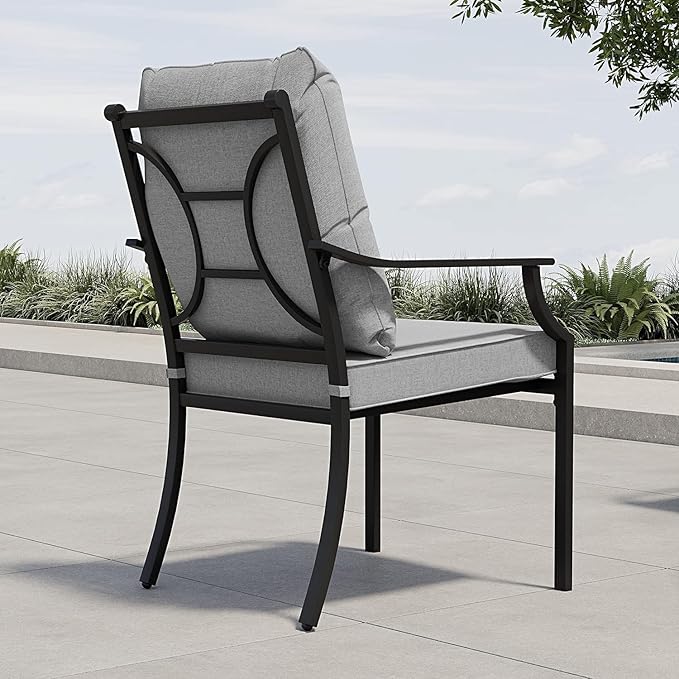 Grand patio 7-Piece Patio Dining Set for 6, 6 E-Coated Outdoor Dining Set Fixed Patio Dining Chairs with Olefin Cushions & 1 Black Extendable Rectangular Table for 4-6 Person