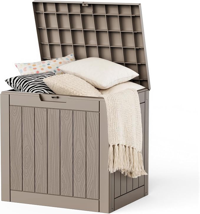 EasyUp 35 Gallon Deck Box Small Deck Box for Indoor and Outdoor,Waterproof Storage Boxs for Patio Furniture,Garden Tools,Cushions, Lockable and UV Resistant,Easy to Install(Grey)