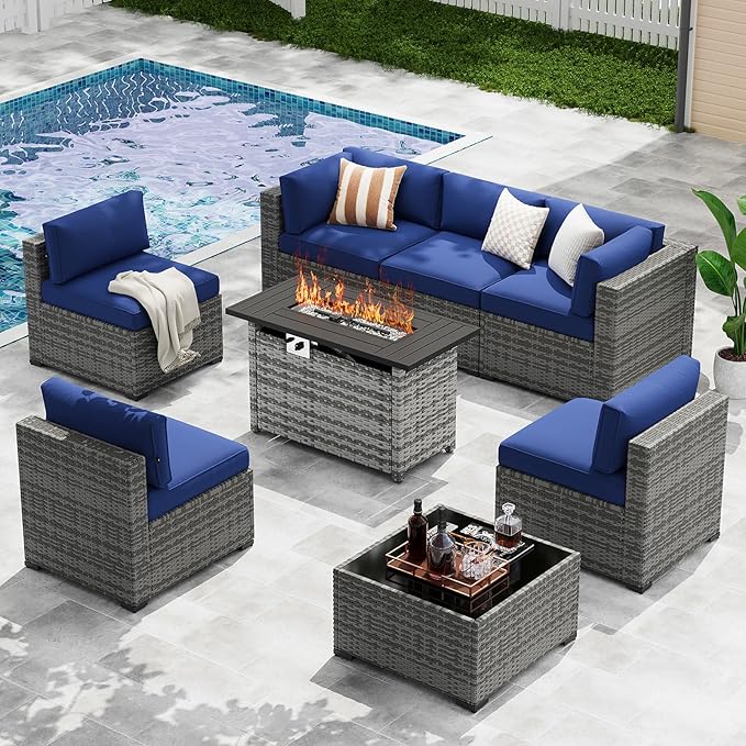 LazySunsets 8-Piece Patio Furniture Set with 44" Fire Pit Table, Wicker Outdoor Furniture, Patio Conversation Sets with Coffee Table, Outdoor Sectional Couch with Waterproof Cover, Blue