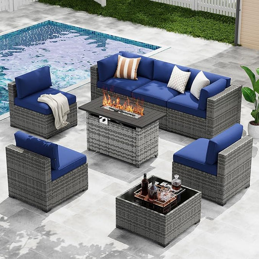 LazySunsets 8-Piece Patio Furniture Set with 44" Fire Pit Table, Wicker Outdoor Furniture, Patio Conversation Sets with Coffee Table, Outdoor Sectional Couch, Blue