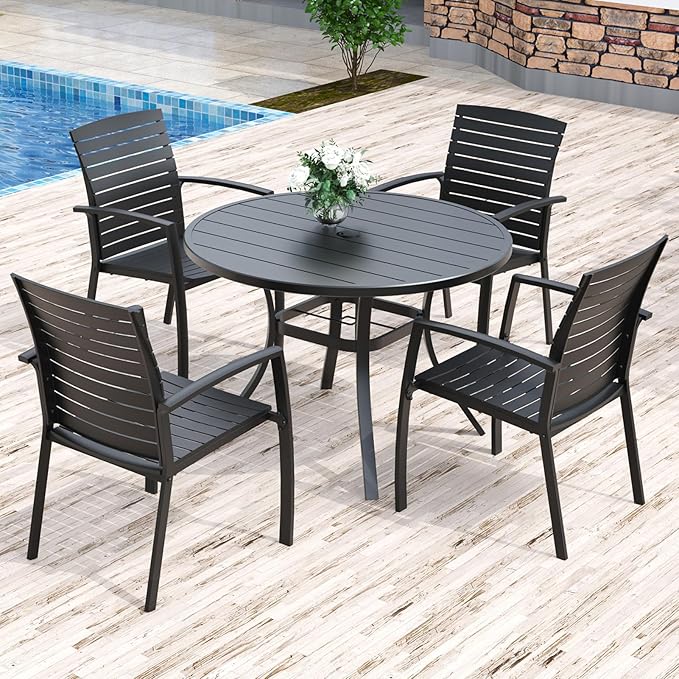 Anmutig Outdoor Dining Set for 4, 41" Round Table & 4 Aluminum Frame Chairs | Stackable Chairs, Resin Slat Seating, Powder-Coated Steel Table, Umbrella Hole, Easy Assembly, Patio, Garden, Backyard
