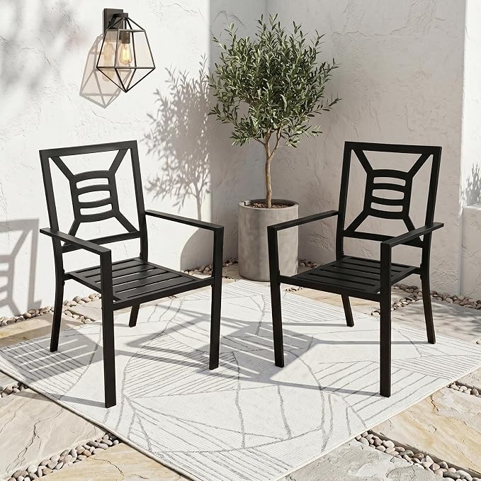 Patio Dining Chairs Set of 2, Stackable Metal Patio Chairs with High Back for Deck Bistro Porch Lawn, Black Wrought Iron Outdoor Dining Chairs