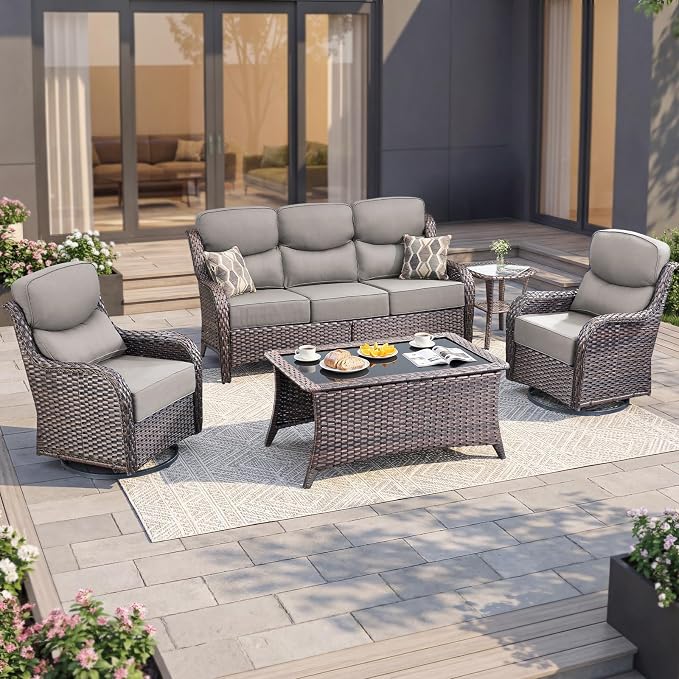 Luxury Swivel Rocker Chairs Sofa Set with 6" Thick Cushion 5 piece Wicker Outdoor Patio Chair with Coffee Table High Back Comfortable Outdoor Patio Furniture Set - Brown | Gery