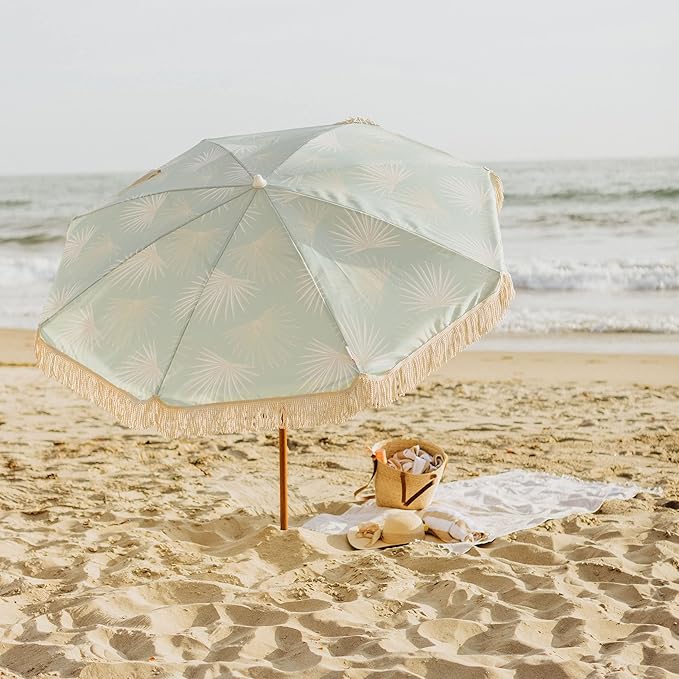 BEACH STATE Summerland 6.5ft Beach Umbrella with Fringe, UV 50+ Patio Umbrella with Titlting Pole, Holiday Tassel Umbrella with Carry Bag, (Palm Beach)
