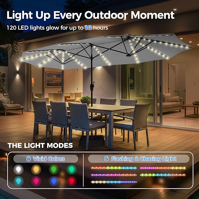 SUPERJARE 13ft Outdoor Patio Umbrella with Solar Lights, Double-sided Deck Pool Umbrella with 1.5 Inch Pole, Fade Resistant Canopy, 12 Sturdy Ribs, for Porch, Market, Backyard, Grey (No Base)