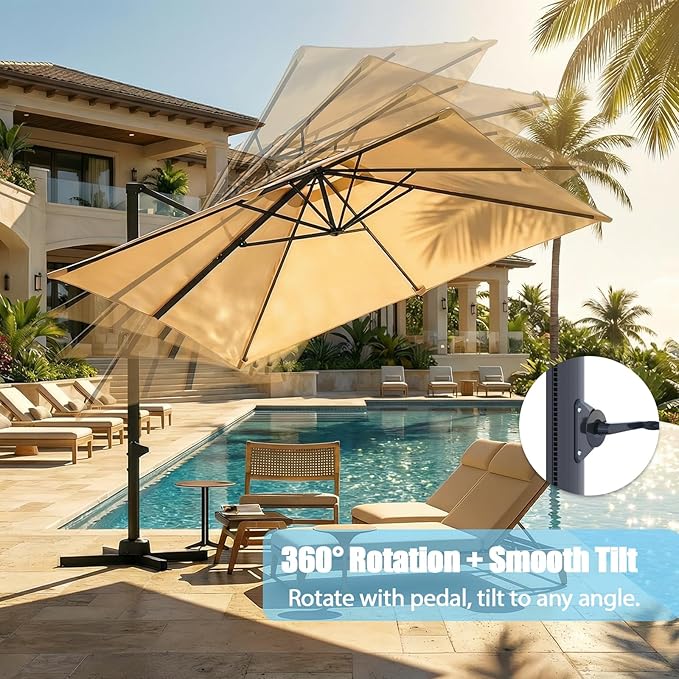 GarveeLife Large Cantilever Patio Umbrella, 10 ft X 10 ft Heavy Duty Aluminum Cantilever Offset Outdoor Umbrella with 360-Degree Rotation for Backyard, Deck, Pool (Beige)