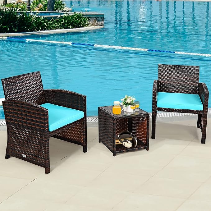 Tangkula 3-Piece Outdoor PE Rattan Furniture Set, Patio Conversation Set w/Chair & Storage Coffee Table, Detachable Cushion, Stable X-Shaped Frame, Perfect for Garden, Backyard, Poolside (Turquoise)