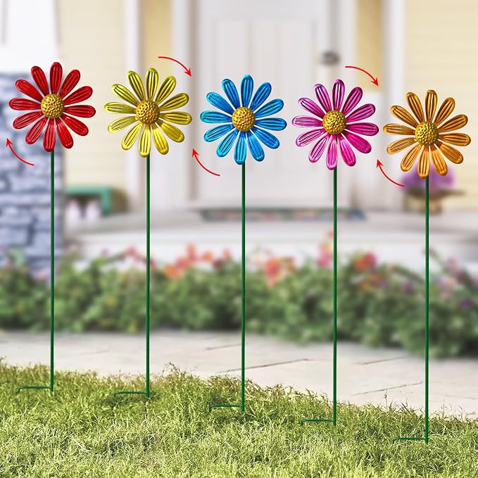 Metal Colorful Daisy Wind Spinners,5 Pack Flower Outdoor Yard Garden Stakes | Metal Wind Spinner Yard Stake,Garden Decorations for Patio and Lawn