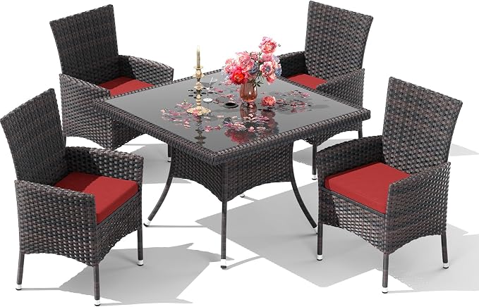 15 Pieces Outdoor Patio Dining Set,Patio Table and Chairs Rattan Outdoor Patio Furniture Set with Umbrella Hole,Dining Table Set for 12 with Chairs for Backyard,Garden and Kitchen,Red