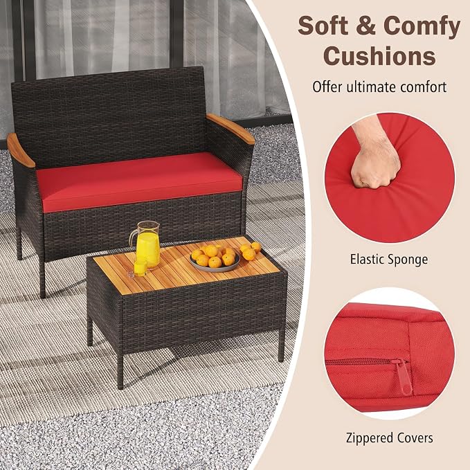 Tangkula 8 Pieces Patio Wicker Sofa Set, 2 Rattan Chairs & Loveseat w/Coffee Table, Acacia Wood Armrests & Tabletop, Outdoor Cushioned Conversation Set for Backyard, Poolside (Red, 8 Pieces)