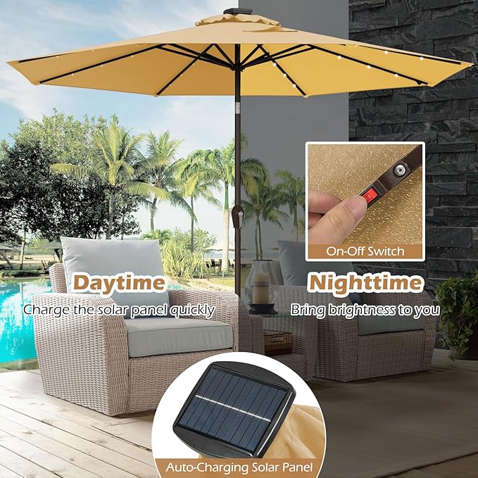 Giantex 9ft/10ft Outdoor Patio umbrella with Solar Lights, Table Market Umbrella with Crank and Push-button Tilt System, Solar LED Lighted Patio Umbrella for Backyard Deck Pool Beach