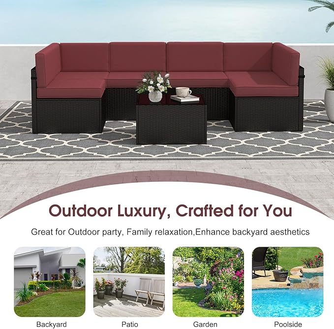kinbor 7 Piece Outdoor Furniture Set - Waterproof Black PE Wicker Patio Sofa with Cushions for Backyard, Poolside & Porch, Burgundy