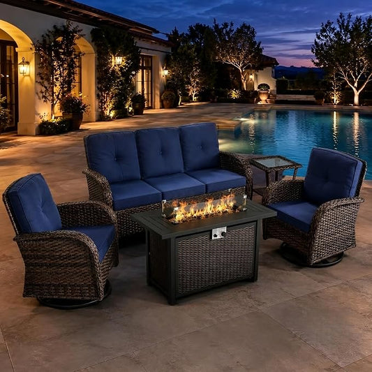 HUMMUH 5-Piece Wicker Swivel Rocker Patio Set with Fire Pit | 50,000 BTU fire pit, powder-coated steel frame, PE wicker, 360-degree swivel, 4-inch sponge cushions