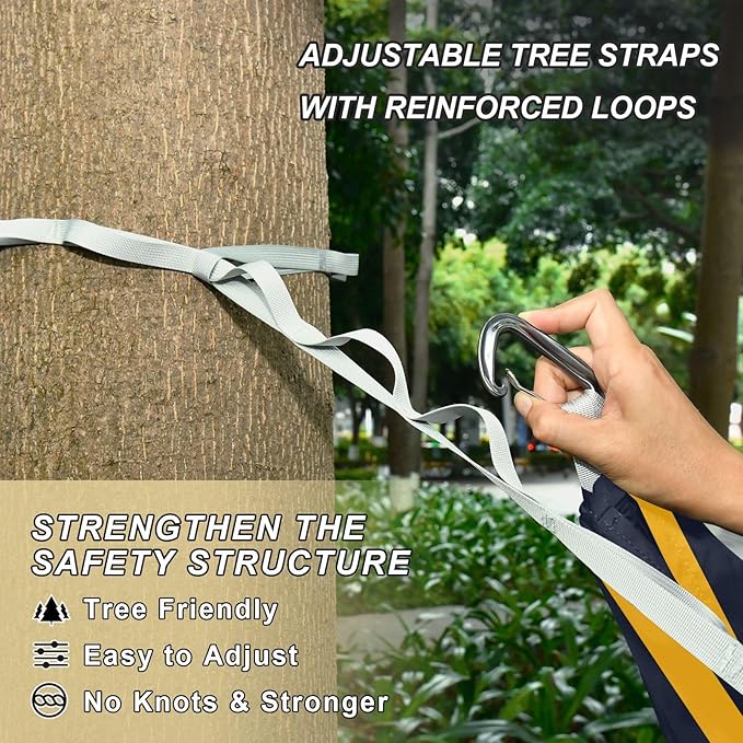 Camping Hammock Outdoor Hammocks for Outside Yellow Black Stripe Beach Trees Portable Lightweight with Pockets Tree Straps Indoor
