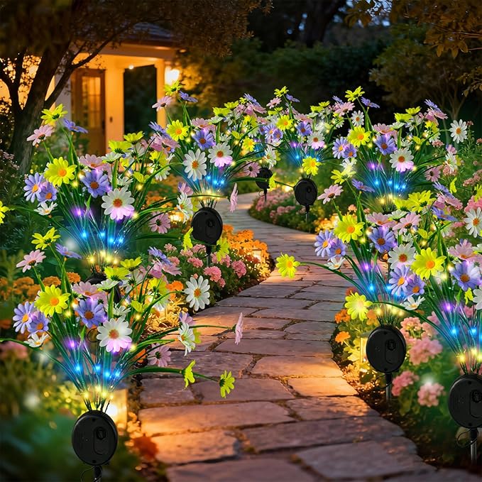 Solar Flowers Path Lights Outdoor 4 Pack, LED Chrysanthemum Decor, Waterproof Auto On/Off, Bigger Solar Panel for Yard, Patio, Garden Walkway Decoration Gift for Mom (Colour)